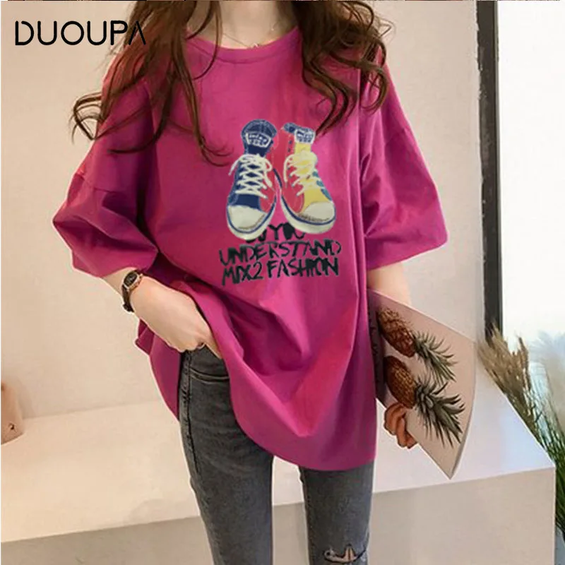 

Oversized Loose Casual Cartoon Print Kawaii O-Neck Print T-Shirt Solid Color T-Shirt Women's Short Sleeve Letter