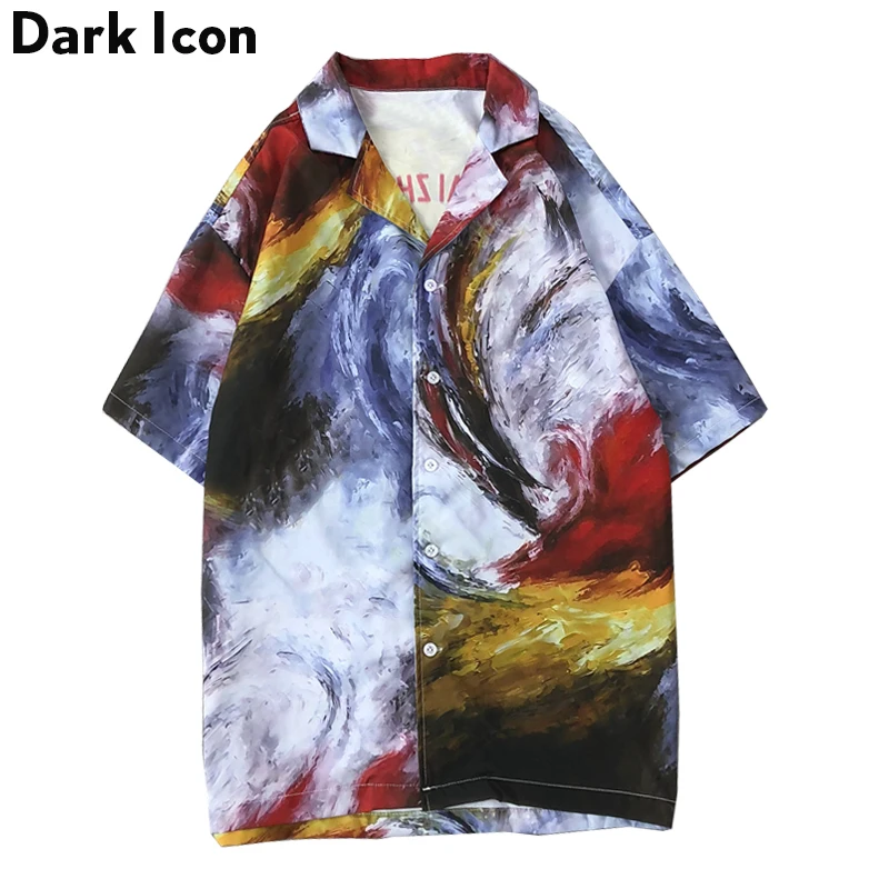 

Dark Icon Oil Painting Hawaii Shirts Men 2019 Summer Turn-down Collar Vintage Men's Shirts Street Shirt 2 Colors