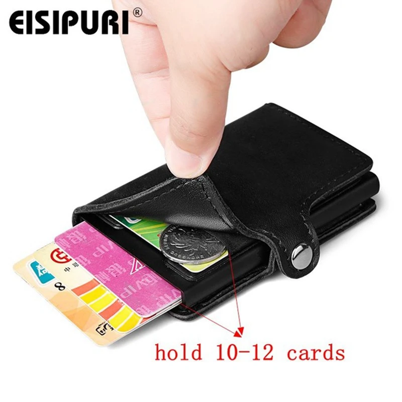 

EISIPURI Business Genuine Leather mini RFID Wallet Men Credit Card Holder Metal Aluminium Automatic Cards Box Hold 10-12 Card