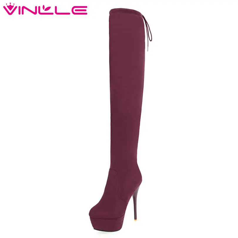 

VINLLE 2018 Women Boots Shoes Over The Knee B Thin High Heel Simple And Fashion Style Ladies Motorcycle Shoes Size 34-43