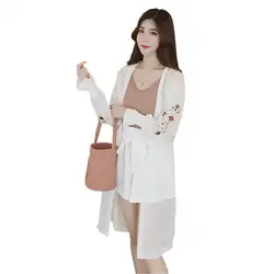Yfashion женская шифоновая блуза с вышивкой Летняя мода расклешенные рукава Одежда от солнца женский кардиган Топы