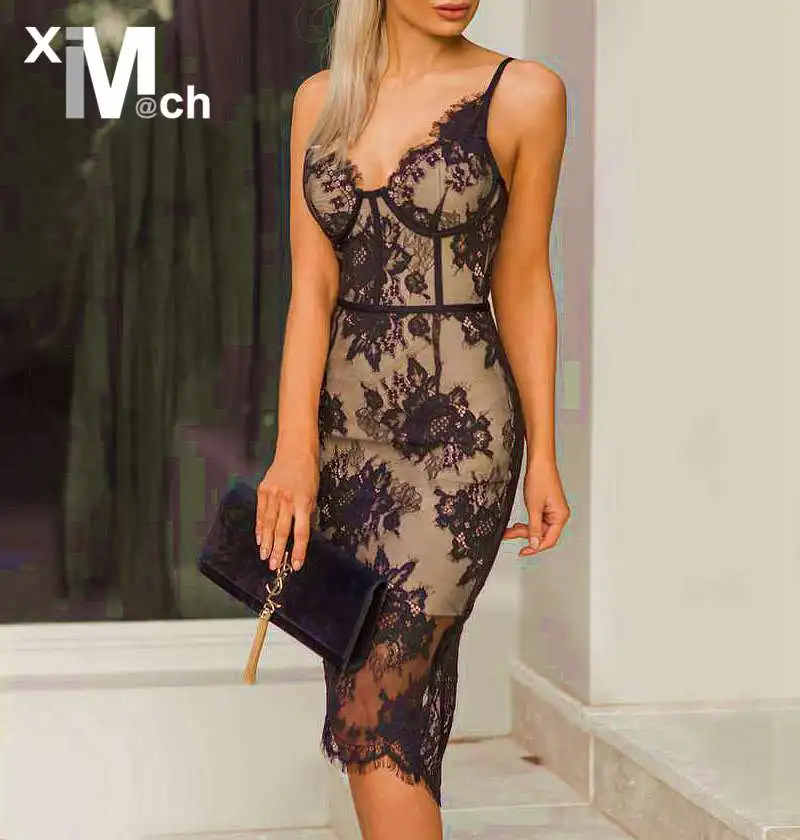 black lace dress with beige lining