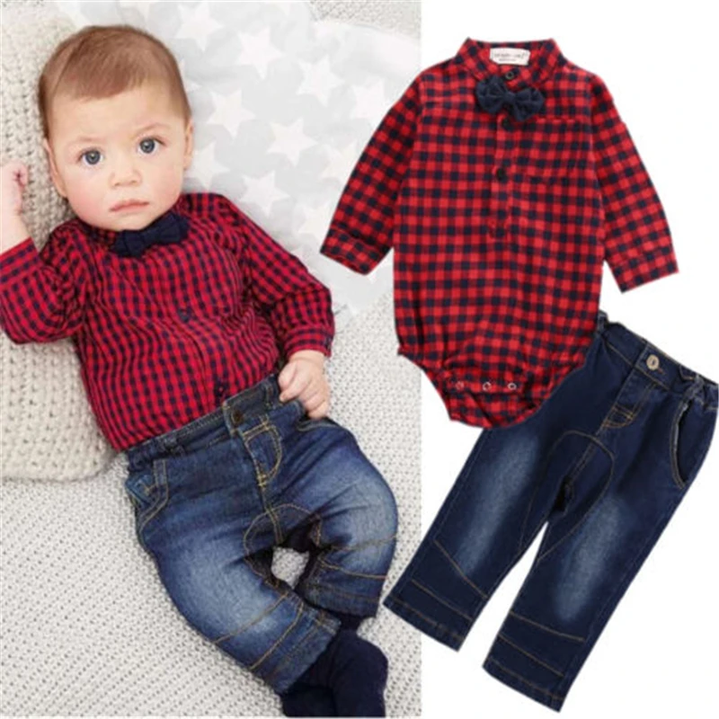 Autumn Baby Set Newborn Infant Baby Boys Clothes Long Sleeve Bow Plaid