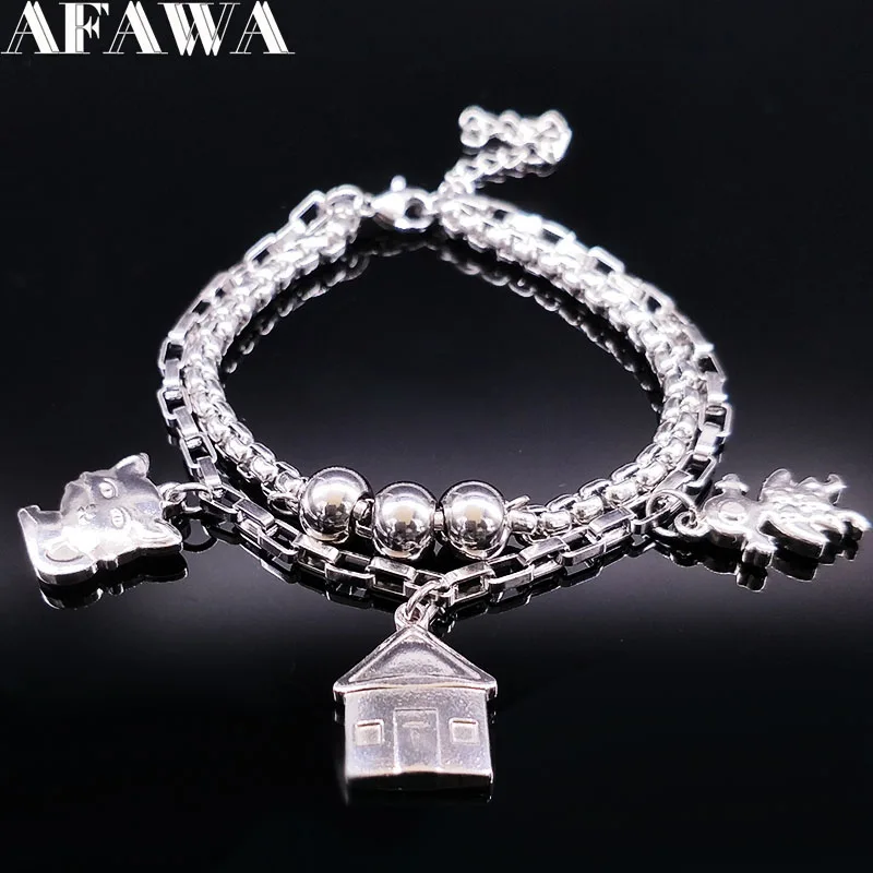 Модный Семейный Браслет из нержавеющей стали для женщин и девушек, домашний серебряный браслет с кошкой, ювелирные изделия, Браслеты mujer moda B17724