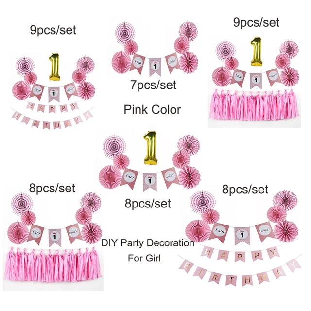 pink theme birthday party baby shower decor paper fan banner