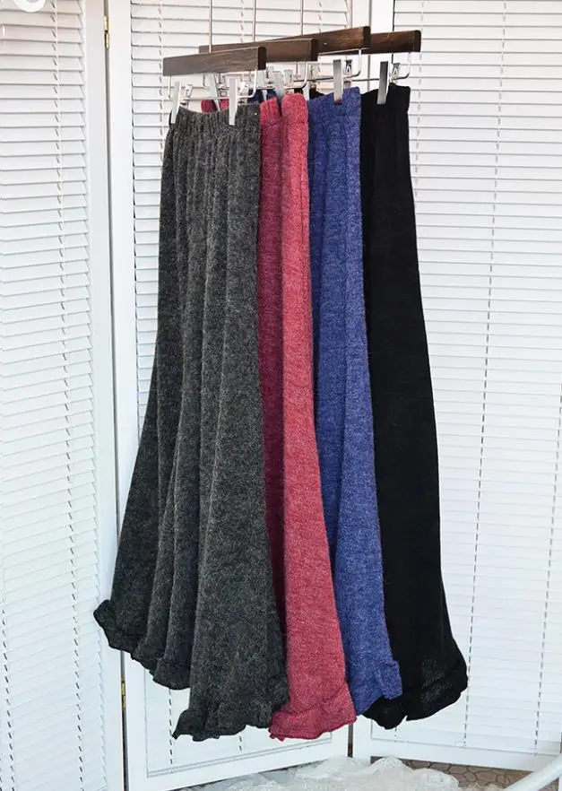 Новые осенние зимние женские серые черные красные зеленые А-образные шерстяные вязаные в пол длинные юбки для дам Повседневные шерстяные юбки с рюшами