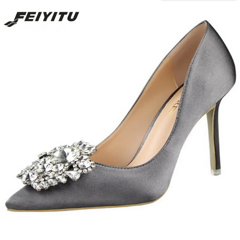 

Feiyitu Women Bridal Wedding Shoes Faux Silk Satin Rhinestone Crystal Shallow Woman Pumps Stiletto High Heel Silver Gray Black