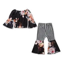 Новая детская одежда для маленьких девочек топы с цветочным принтом и открытыми плечами полосатые штаны с колокольчиками