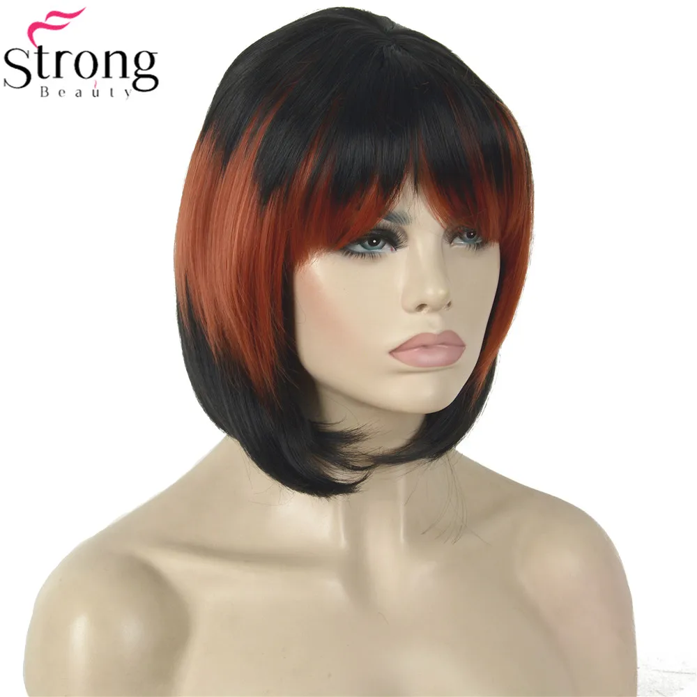 StrongBeauty парик для косплея красный/черный микс аккуратный взрыва Боб стрижка женский синтетический парик