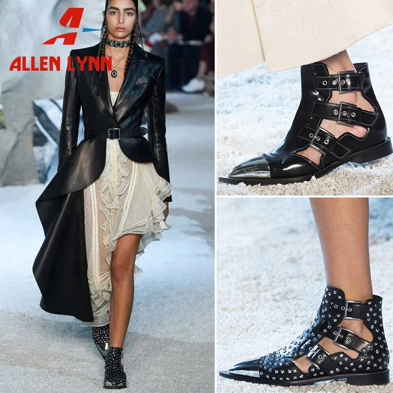 

ALLENLYNN 2019 New Summer Luxury Brand Whole Genuine Leather Gladiator Sandals Women Runway Show Women Shoes Woman Large Size 43