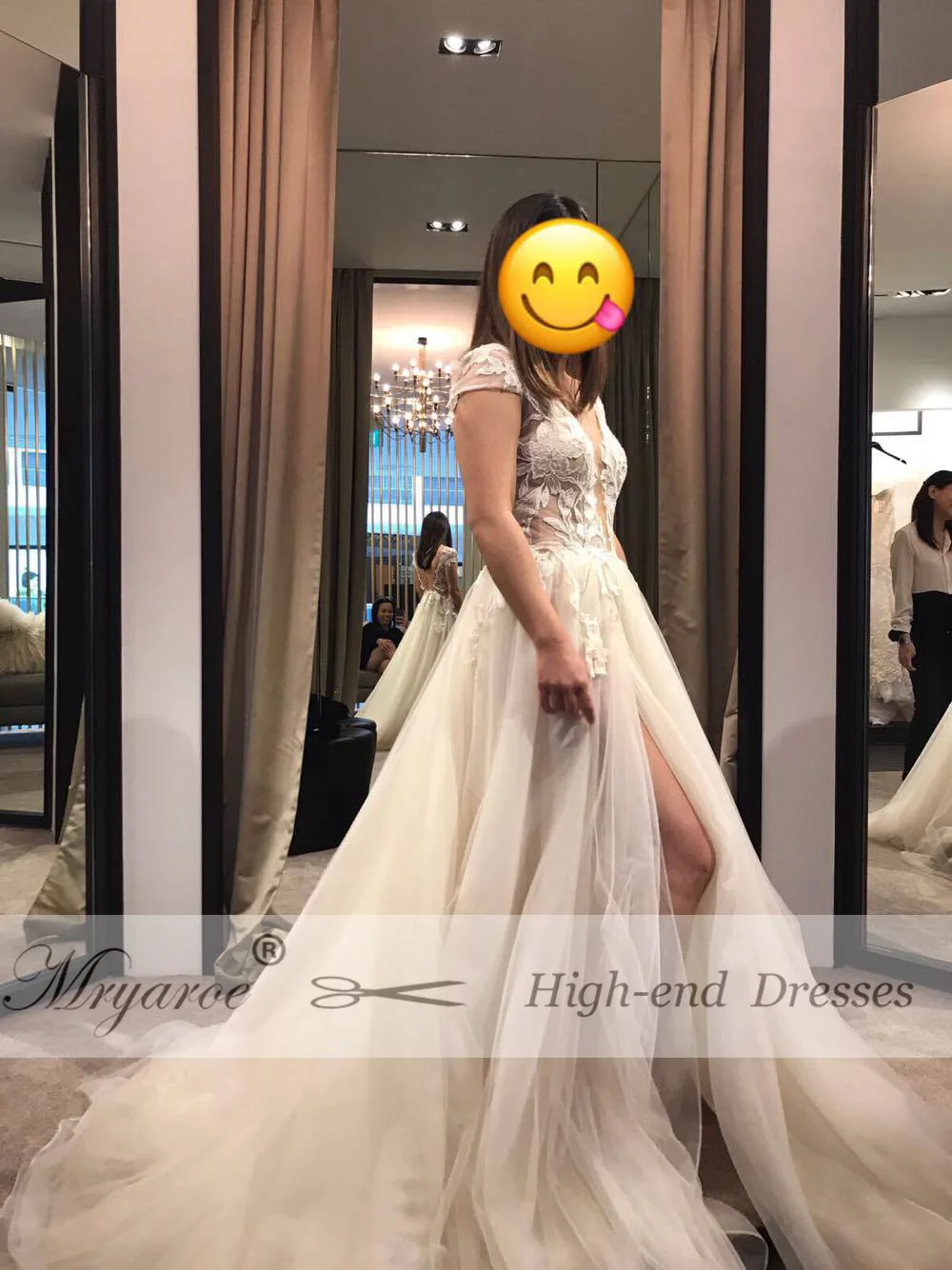 Mryarce Sexy V Neck Lace Appliques Tulle A Line Open Legs Open Back Wedding Dress Bridal Gowns  (1)