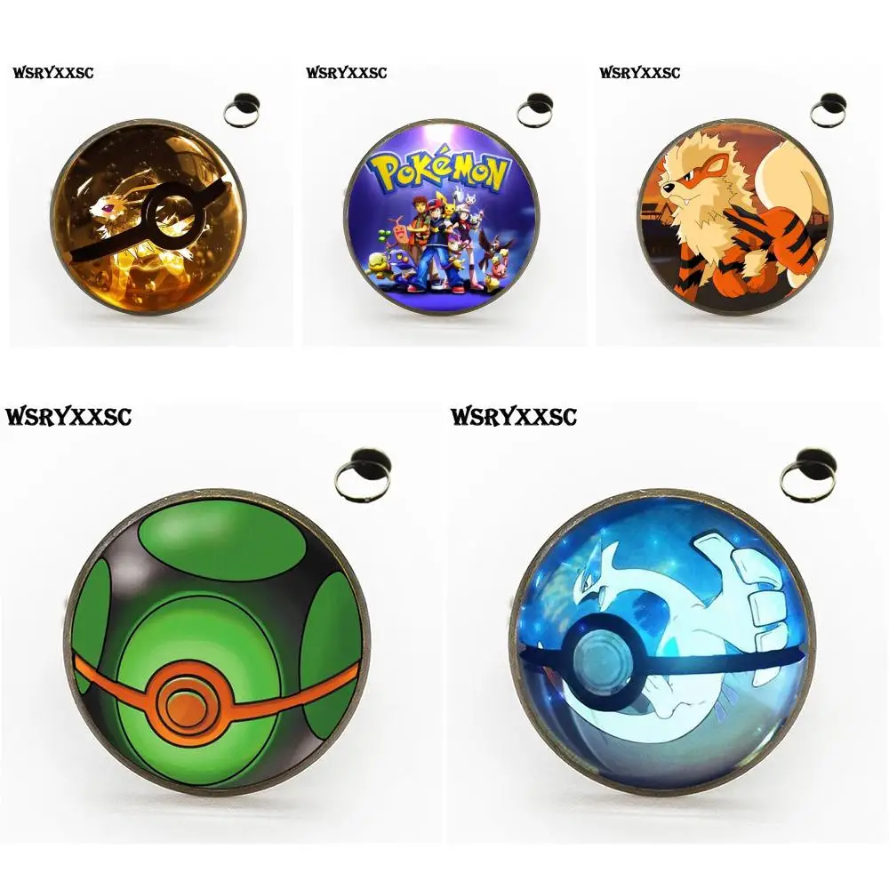 Pokemon Go Pokemon Ball Monster Anime Luxury Brand Jewelry With Glass Cabochon Bronze/Silver/Golden Ring For Girls Best Gift