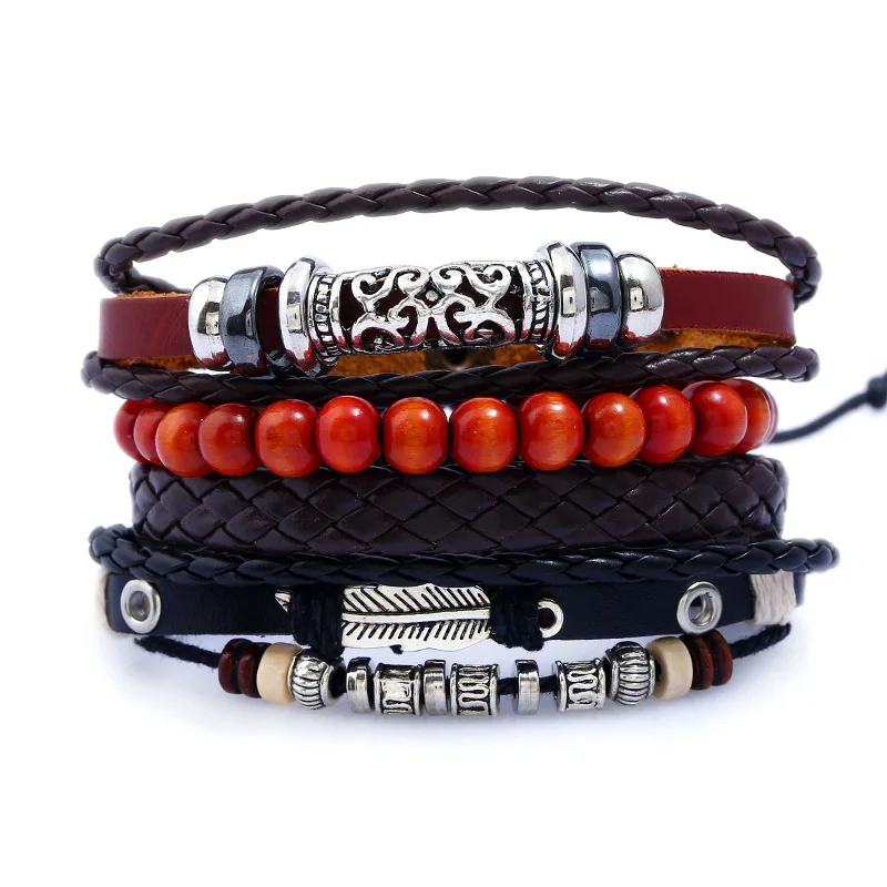 

dankaishi 4pcs/set Handmade Braided Customized Vintage Punk Cow Leather Alloy PU Hemp Rope Men Bracelets Women Casual Jewelry