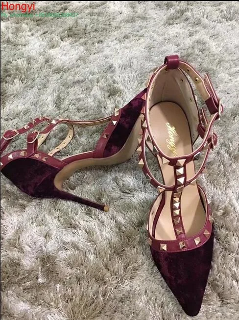 

REAL PHOTO!Fashion Thin High Heels Ankle Strap Sandals Gold Rivets T-strap Pointed Toe Sandal Party Dress shoes Women Size 34-41