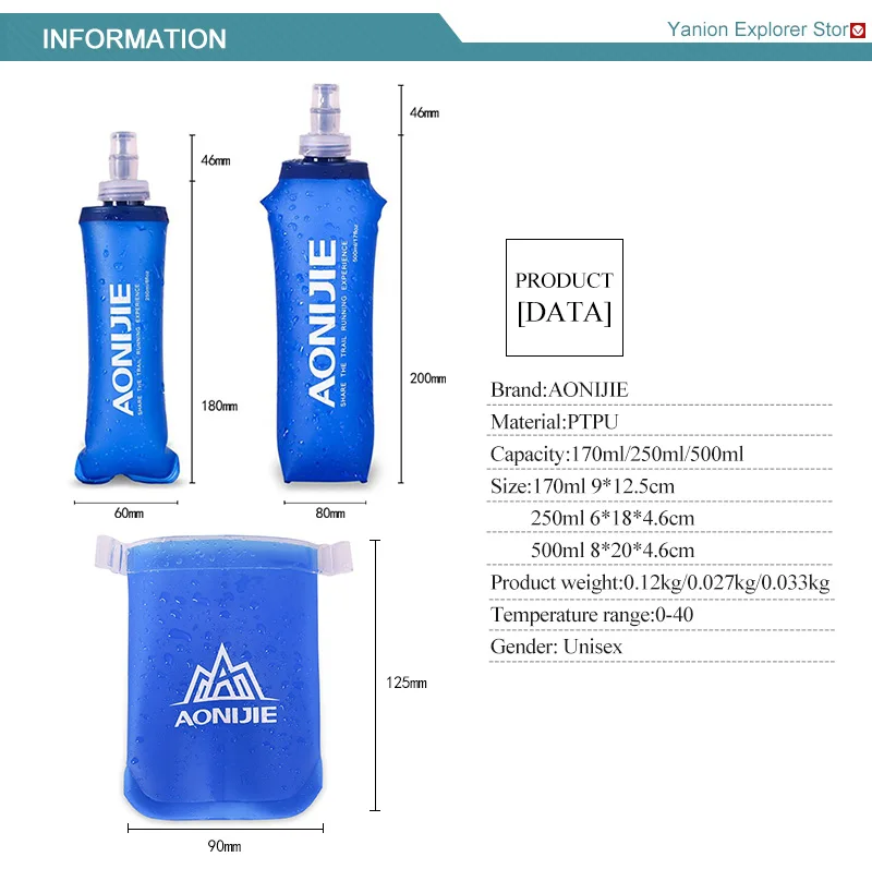 AONIJIE ТПУ сумка для воды складная мягкая фляжка для спорта на открытом воздухе Кемпинг Альпинизм напиток сумки для воды бутылки для мочевого пузыря 170 мл/250 мл/500 мл