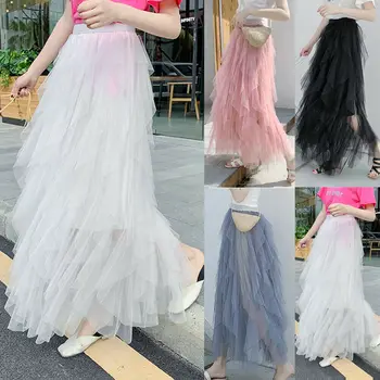 

2019 Ladies Women Irregular Tulle Skirt Lace Layered Swing High Waist Casual Solid Party Casual