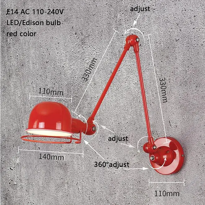 Промышленный Лофт jielde мини Регулируемый Ретро E14 Светодиодный настенный светильник бра настенный светильник светильники для домашнего освещения прикроватная гостиная - Цвет абажура: red-L