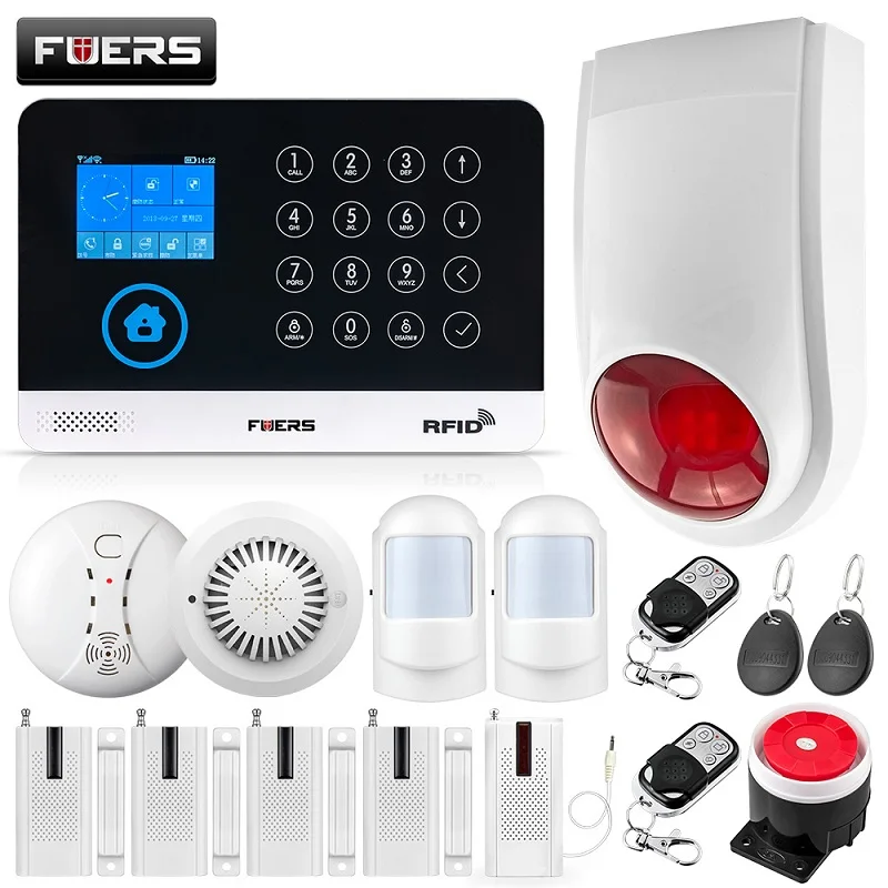 FUERS WIFI GSM Alarm System Wireless Home Burglar Security Alarm 9 LNG Switchable RFID LCD PIR Smoke Sensor APP Control