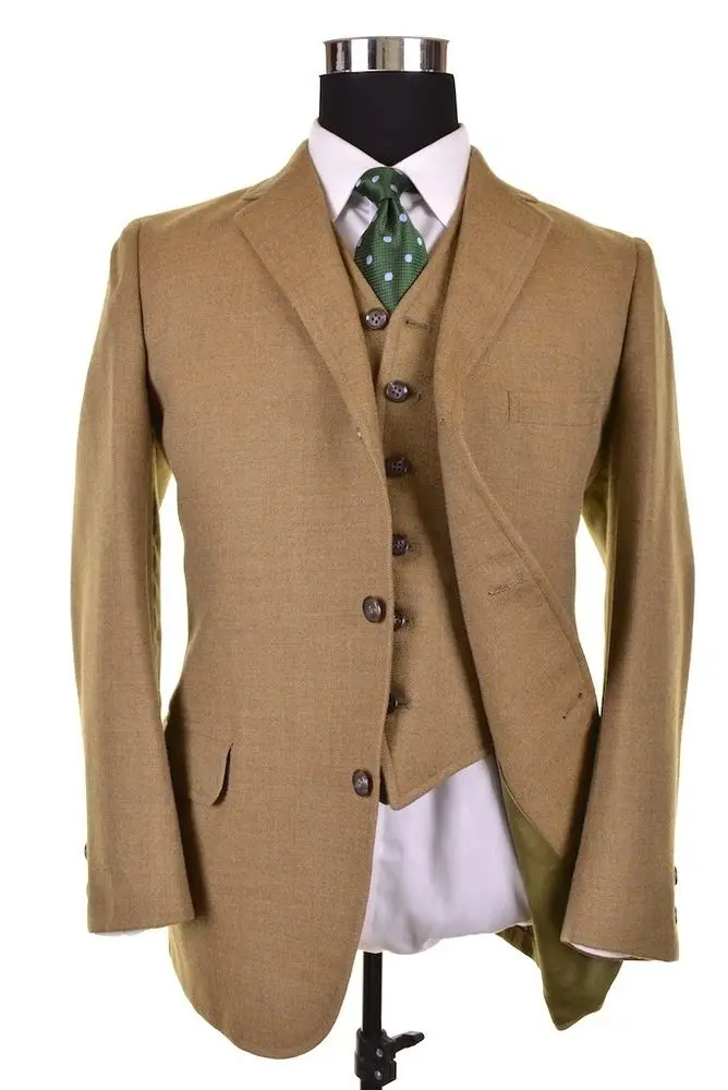 Latest Coat Pant Designs Brown Tweed Suit Men Slim Fit 2 Piece Tuxedo