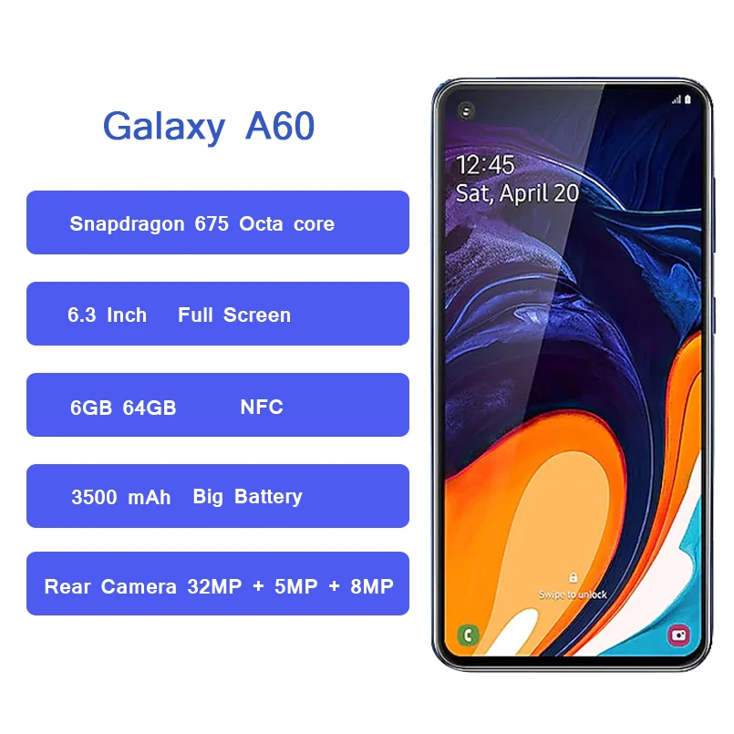 Samsung Galaxy A60, 4G смартфоны, 6,3 дюймов, FHD+ Восьмиядерный процессор, 6 ГБ ОЗУ, Android 9,0, тройная камера, 3500 мА/ч, две sim-карты, NFC, мобильный телефон