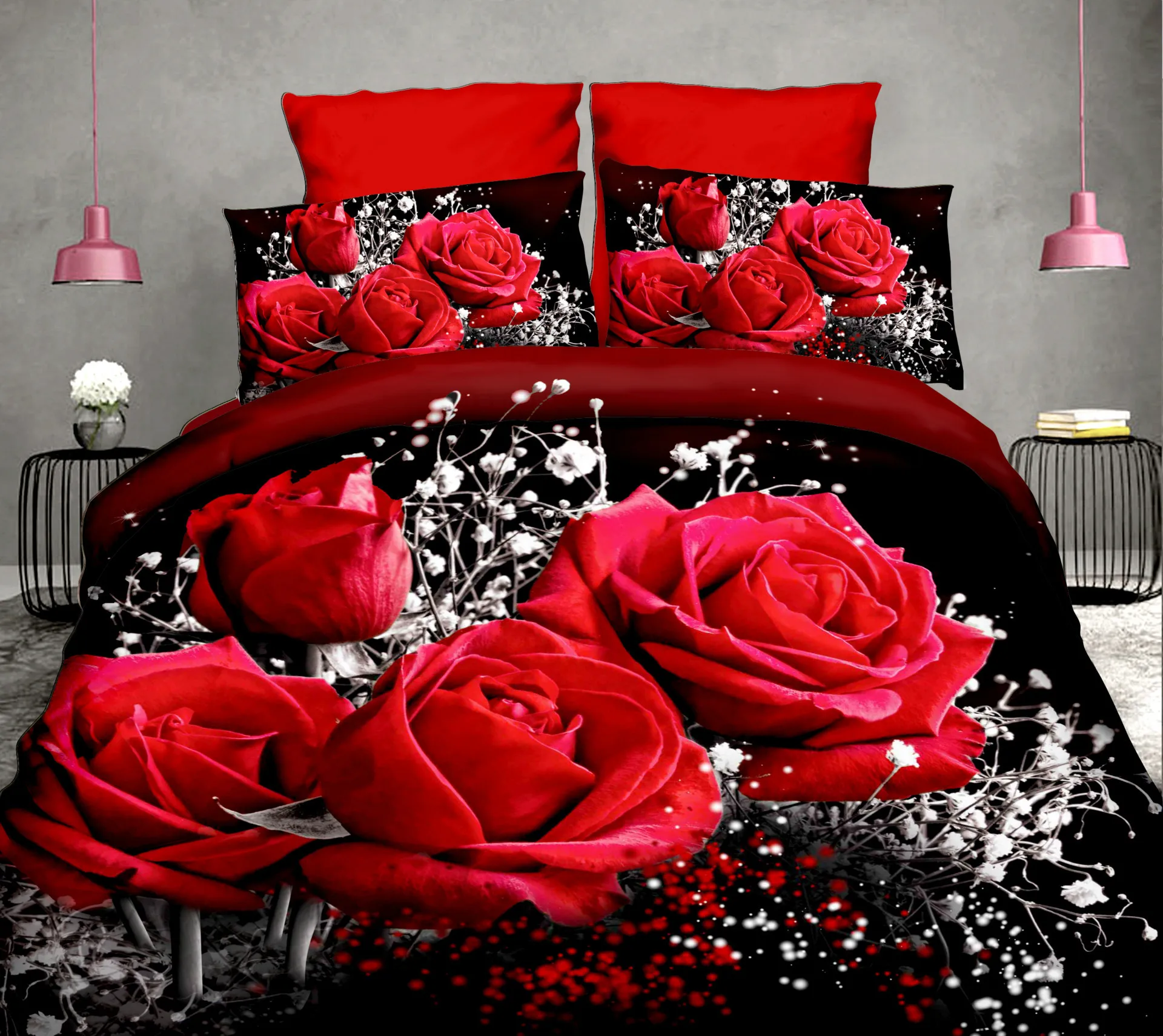 

40 Cotton 3D Rose Bedding Sets High Quality Soft Duvet Cover Bedsheet Pillowcase Reactive Printed Bedclothes Queen Bed Linen