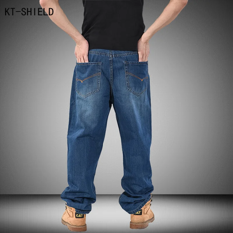 Men Blue Hip Hop Jeans Mens Long Loose Fashion Skateboard Baggy Biker Jeans Relaxed Denim Casual