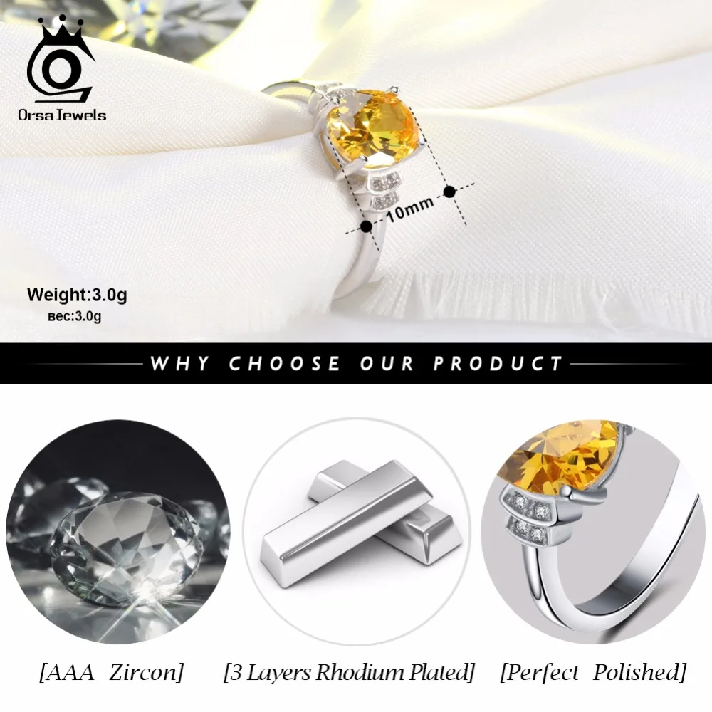ORSA JEWELS Female Wedding Band Classic Design AAA Yellow Cubic Zirconia Rings For Women Engagement Ring Jewelry AOR58