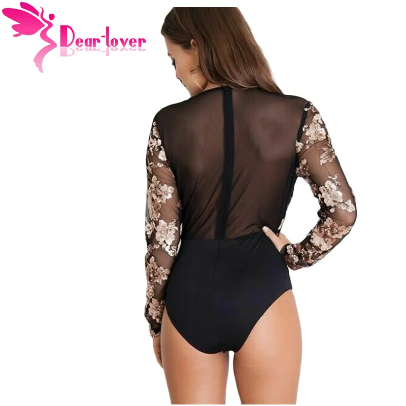عزيزي عاشق الربيع 2018 امرأة داخلية مثير الخامس الرقبة الذهب الترتر شبكة سوداء طويلة الأكمام أعلى Macacao الجسم Feminino بذلة LC32173