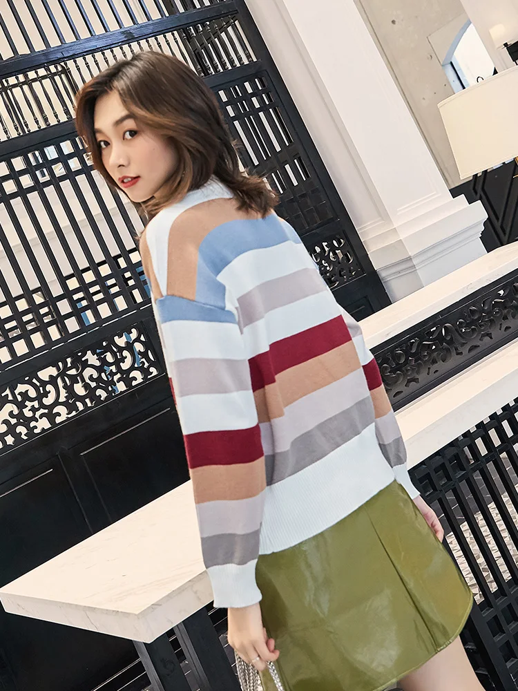 Women Colorful Striped Casual Sweater Winter Fashion  Long-sleeve Sweater Warm Pullovers Female Winter knit Sweaters CGM18198