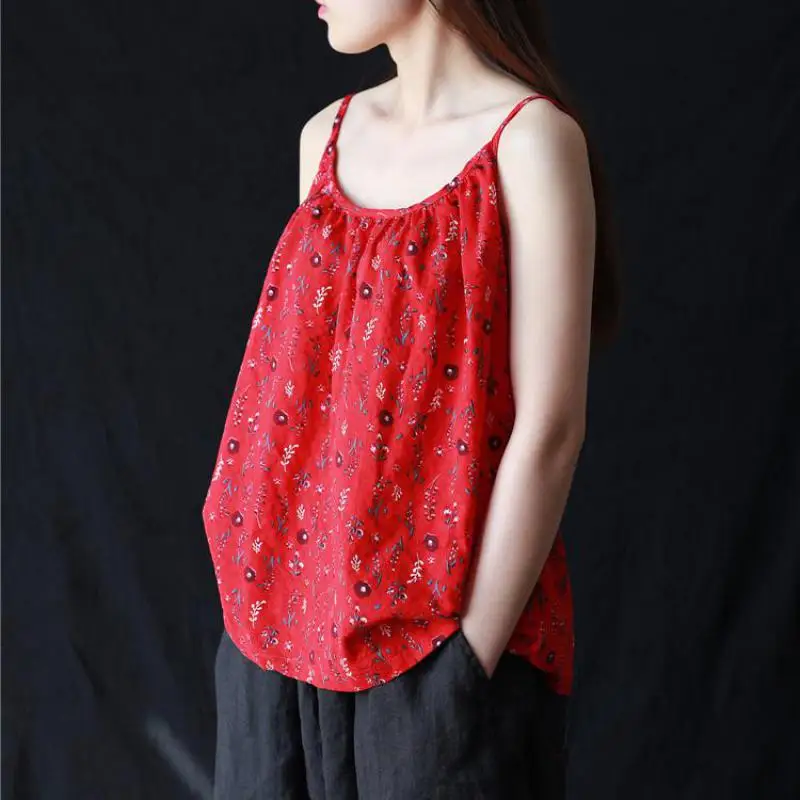

Women Clothes 2019 New Summer Tops Casual Print Flower Vintage Regular Loose Cotton Red Women Camis