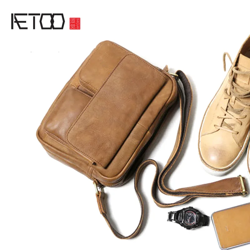 

BJYL Retro casual nature leather men bag shoulder Messenger bag head layer cowhide men's postman package bag summer small bag