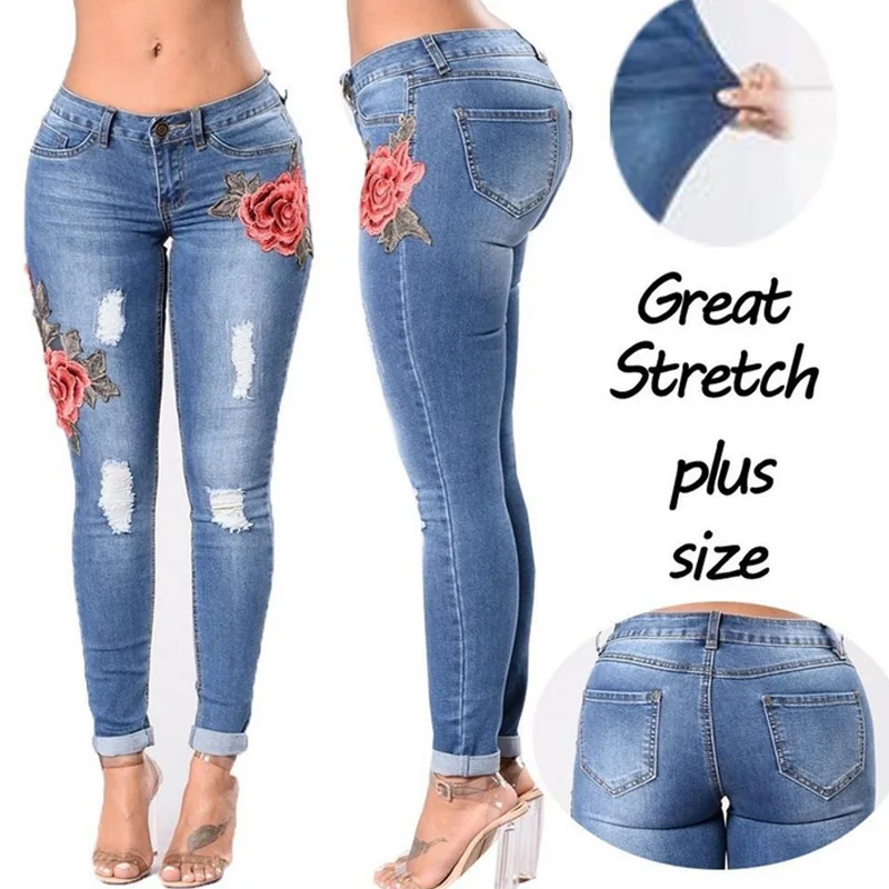 

Newly Women Ripped Jean Pants Flower Embroidered High Waist Slim Fit Denim Pencil Trousers VK-ING