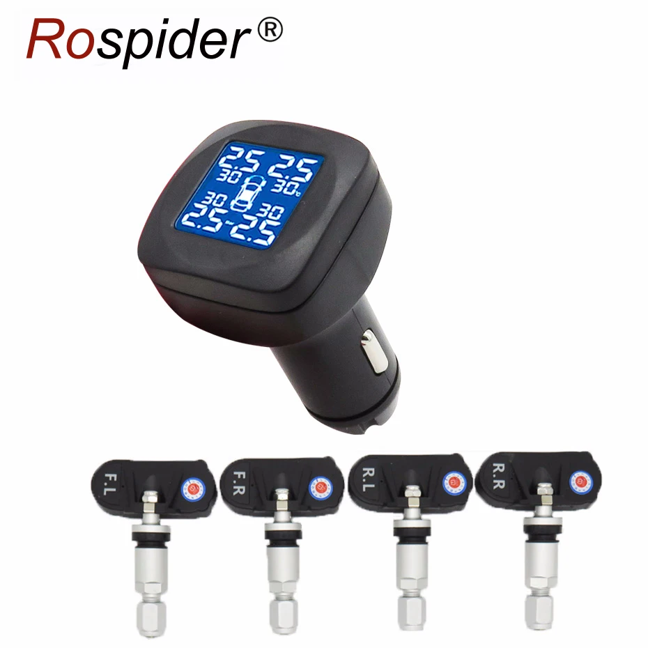 

TPMS Rospider T05N Car Tire Pressure Alarm Monitor System LCD Display 4 Internal Sensor Temperature Alarm Cigarette Port Plug
