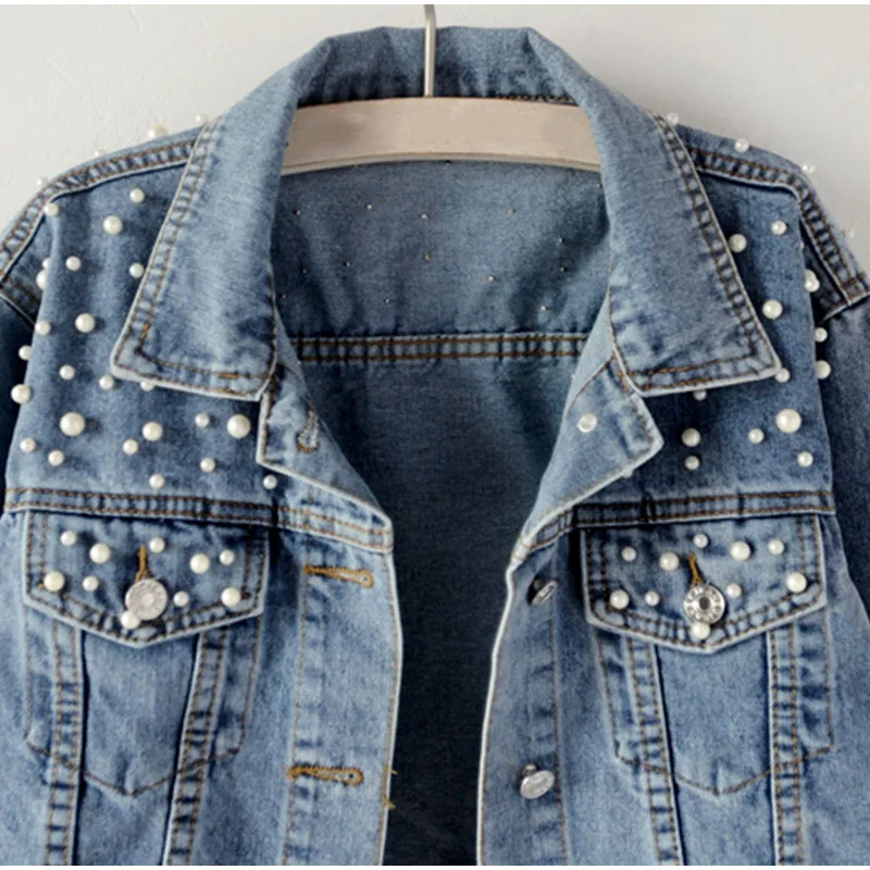 Preise Plus Größe Perle Perlen Kurze Denim Jacken 3Xl 5Xl Frauen Weiß Waschen Langarm Vintage Casual Jean Jacke Bomber Denim mantel