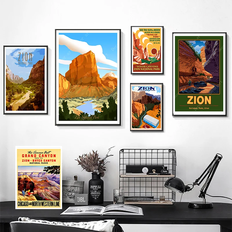 

See America Zion National Park Utah Travel Poster Canvas Paintings Vintage Wall Kraft Poster Coated Wall Sticker Home Decor Gift