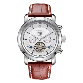 

ORKINA Skeleton Automatic Watch Men Waterproof Top Brand Mens Mechanical Watches Leather Calendar Rose Gold Relogio Masculino