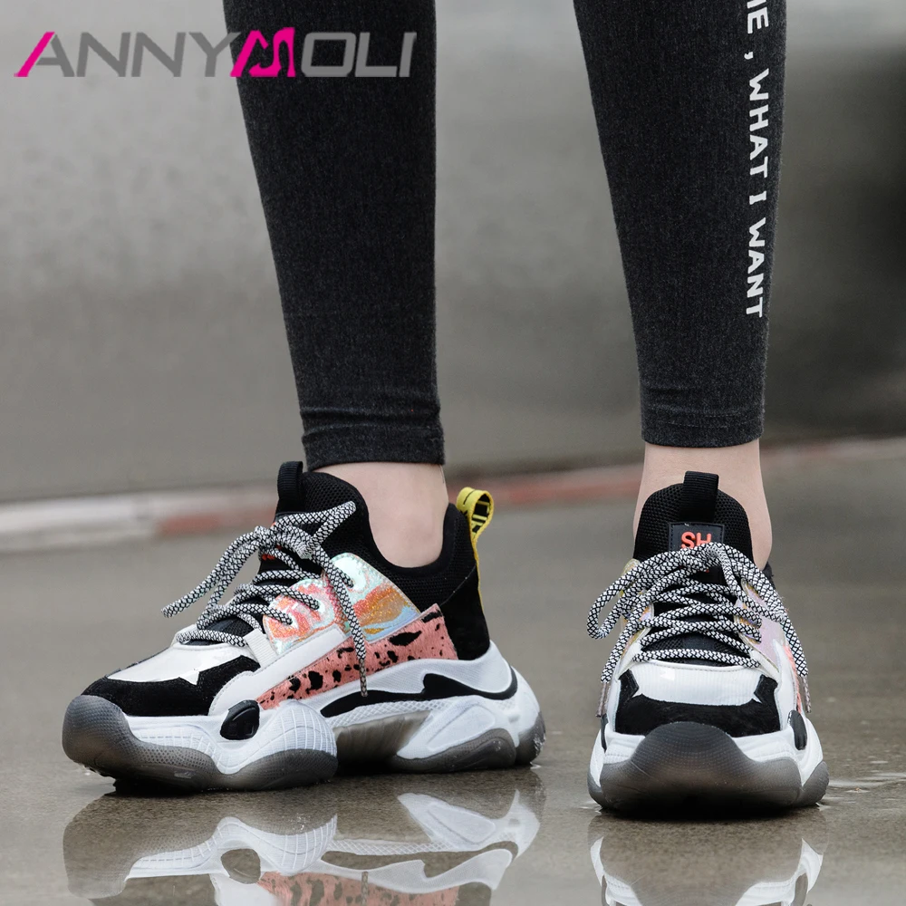 

ANNYMOLI Women Shoes Spring Flats Sneakers Horsehair Flat Platform Shoes Lace Up Round Toe Casual Shoes Female Large Size 35-42