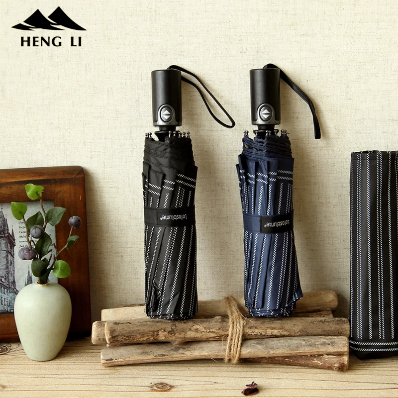 

Popular Windproof Auto Open&Close 10 Ribs Men's Umbrella 3 Folding Stripe Outdoor Artificial Leather Handle Black Rain Umbr