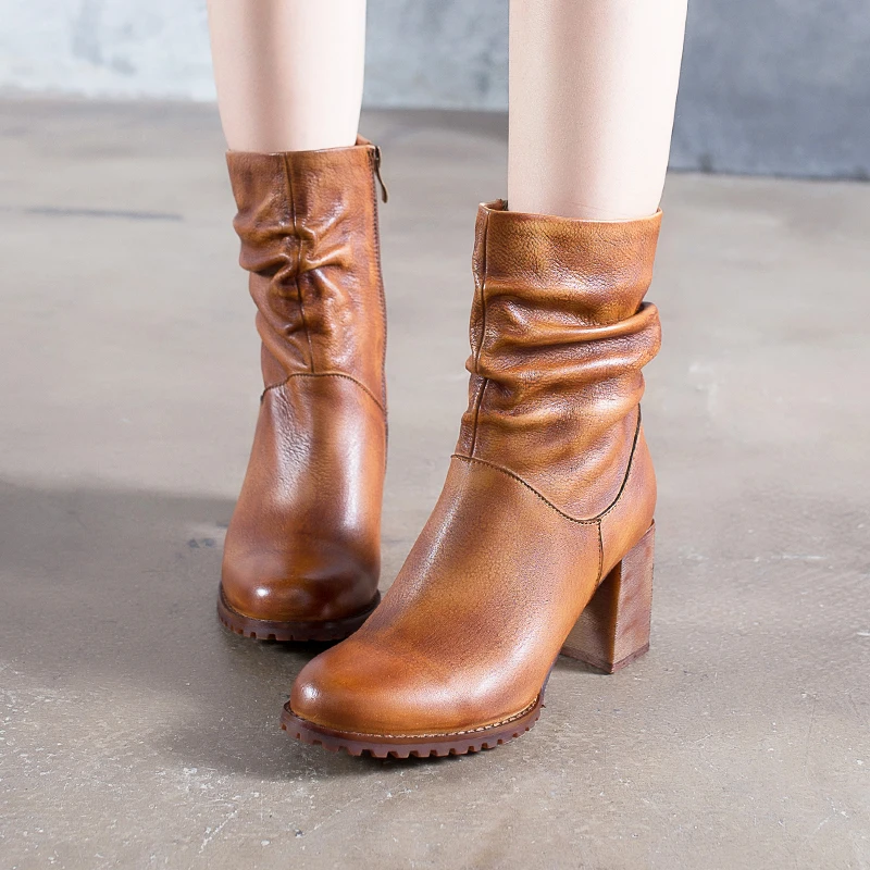 

2018 VALLU Winter New Arrival Vintage Genuine Leather Women Ankle Boots Pleated Handmade Chunky High Heel Women Boots