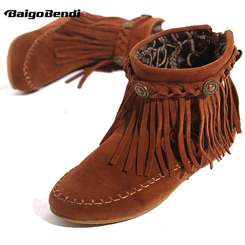 US5-9 Suede Leather Like Moccasin Fringe Tassel Ankle Boots womens wedge shoes