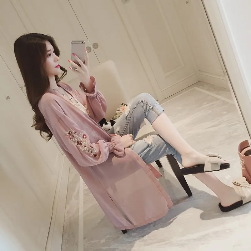 Summer Kimono Cardigan Pink white Women 2018 Korean Flare Sleeve Floral Embroidery Chiffon Blouse Long Shirt Women Cardigans