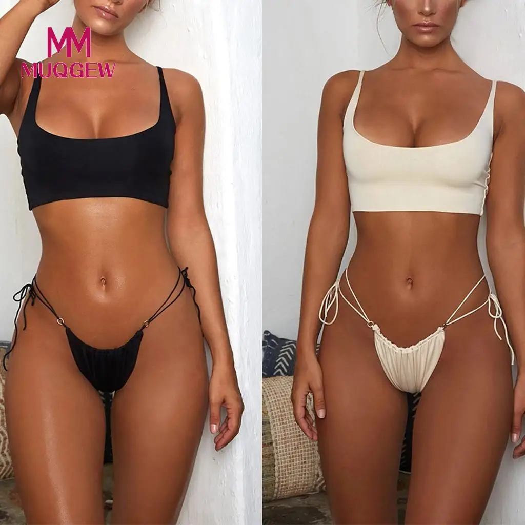 Bikinis 2019 Swimwear Women Sexy Solid Bandeau Bikini Set Halter Elasticity Swimwear String Push-Up Padded Swimsuit Biquini New