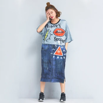 

2019 summer new women's dress in the long paragraph funny graffiti fake two pieces mosaic color dress female