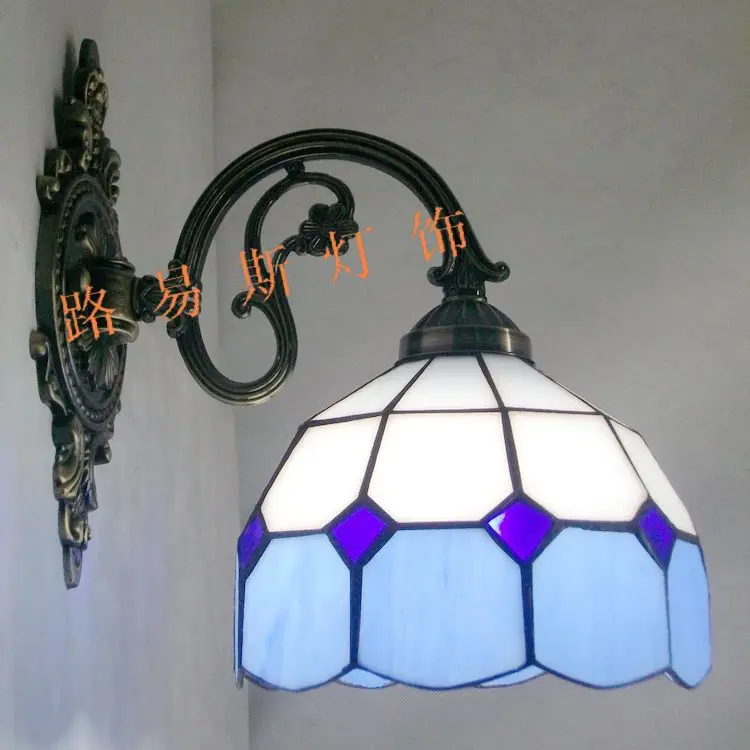 

Simple zinc alloy Mediterranean blue modern glass wall lamp Tiffany mirror with front balcony bedroom bedside lighting