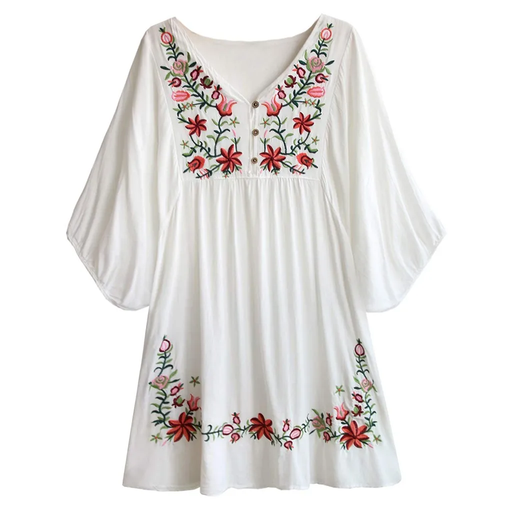 

Summer Dress Women Floral Embroidery Tunic Top Bohemian Flowy Shift Elegant Mini Dress Party Dresses Robe Femme Vestidos Mujer