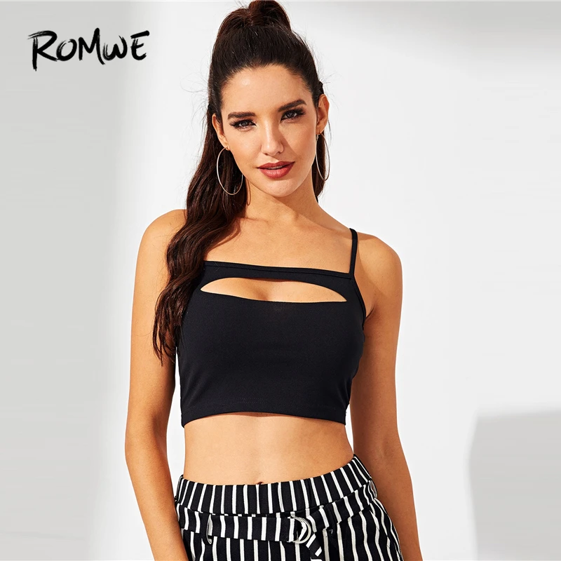 

ROMWE Sexy Cutout Slim Fit Crop Women Camisole 2019 Stylish Black Spaghetti Strap Short Camis Tops Female Cool Summer Vests