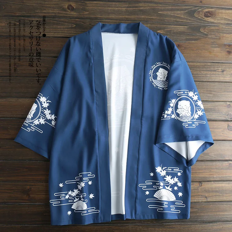 Japanese Loose Bathrobe Maple Fish Temptation Cat Blue Color Haori Summer Sunscreen Kimono Literature And Art Cosplay Men Women Aliexpress