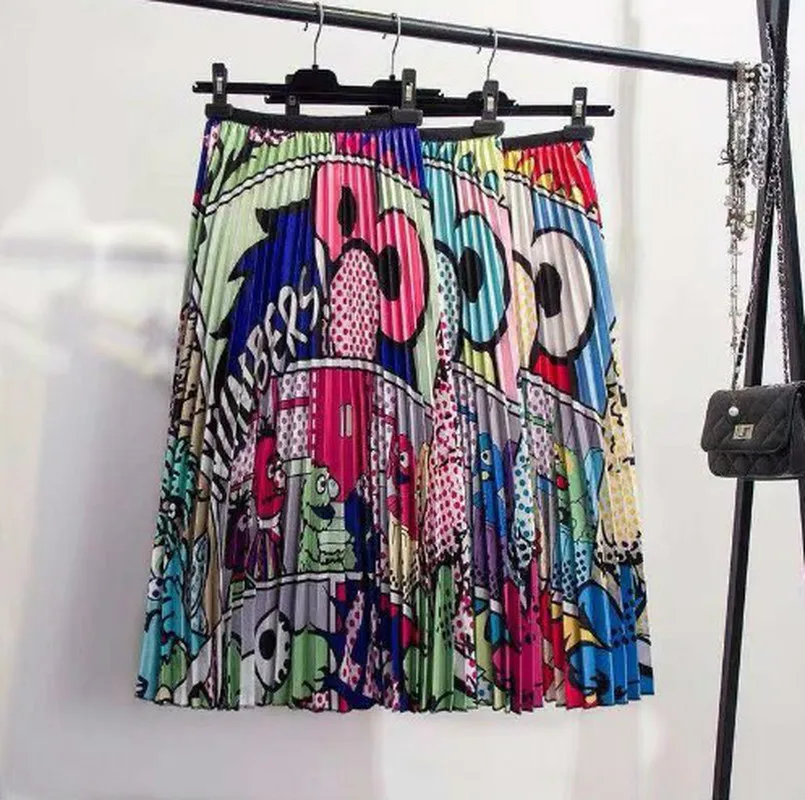 

2019 Brand Summer Women Skirts Cartoon Printing Midi Pleated Skirt Casual High Elasticity Jupe Femme Skirts Plus Size