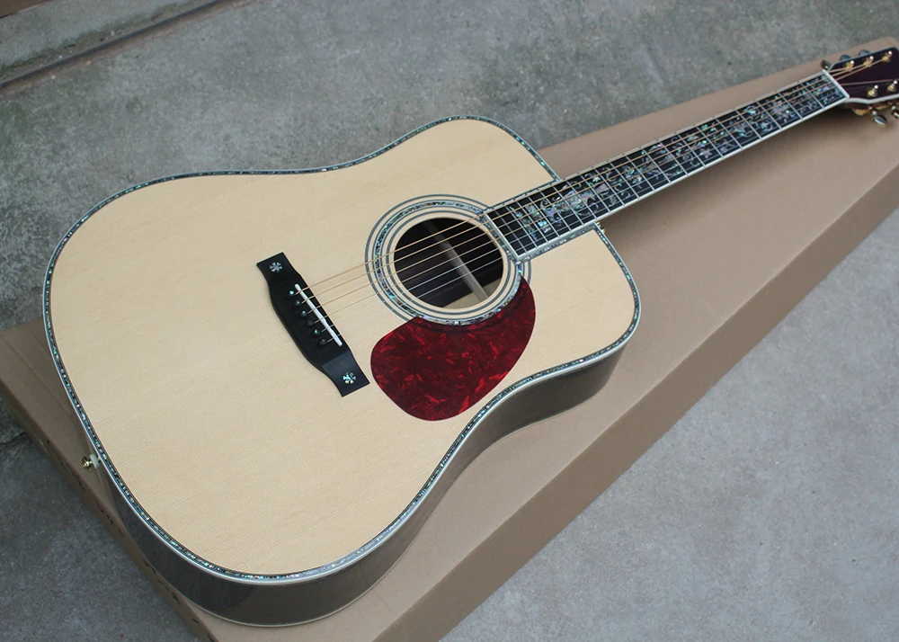 

Factory custom 41" top solid acoustic guitar with red pearl pickguard,Abalone binding and inlay,Can add fishman pickups