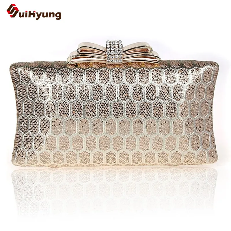 New Women Dinner Clutch Fashion Diamond Bow Evening Bag Sequins Lozenge Wedding Party Handbag Girls Purse Shoulder Messenger Bag